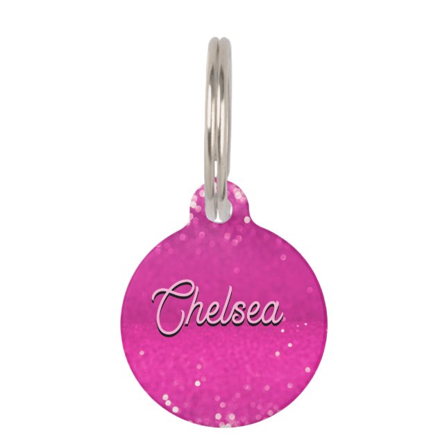 Hot Pink Glitter Bokeh Custom Text Pet Tag (Front)