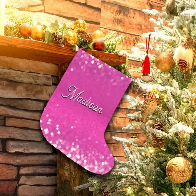 Hot Pink Glitter Bokeh Custom Text Small Christmas Stocking (Creator Uploaded)