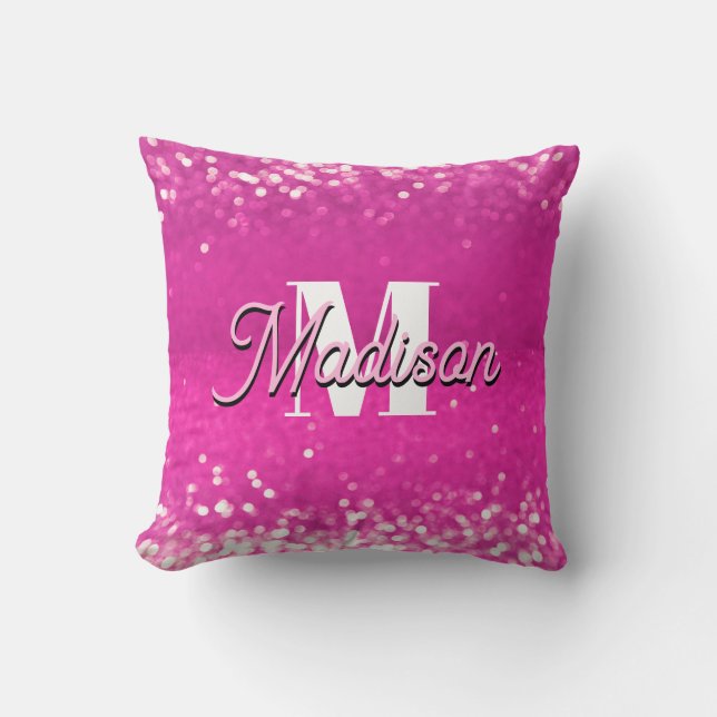 Hot Pink Glitter Bokeh Monogram Cushion (Front)