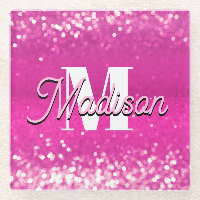 Hot Pink Glitter Bokeh Monogram Glass Coaster (Front)