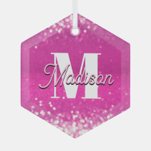 Hot Pink Glitter Bokeh Monogram Glass Tree Decoration