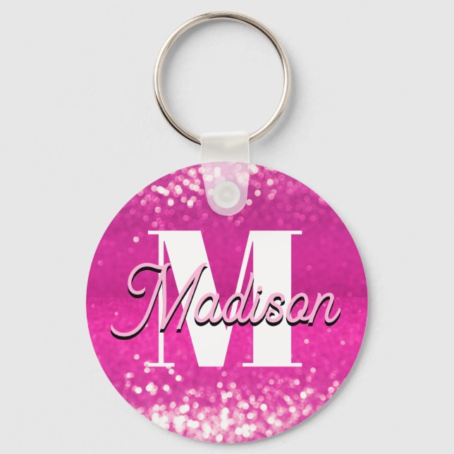 Hot Pink Glitter Bokeh Monogram Key Ring (Front)