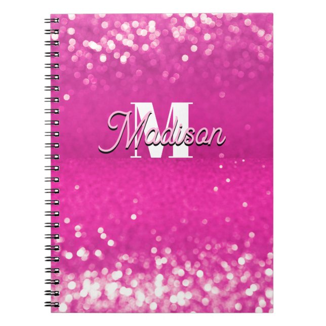 Hot Pink Glitter Bokeh Monogram Notebook (Front)