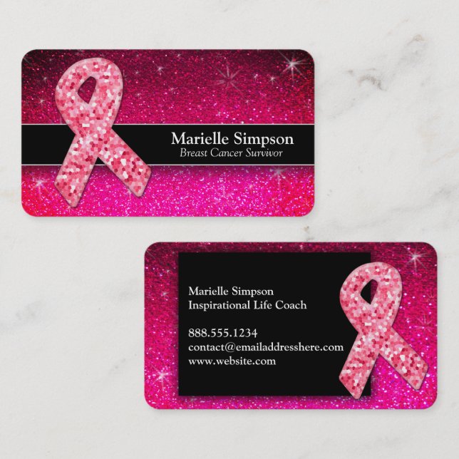 Hot Pink Glitter Breast Cancer Survivor Coach BRCA Business Card (Front/Back)
