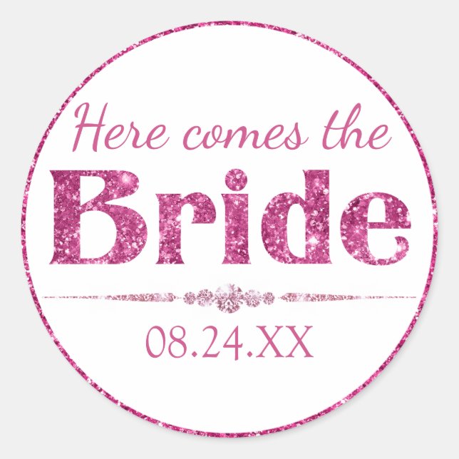 Hot Pink Glitter Bride and Diamonds Classic Round Sticker (Front)