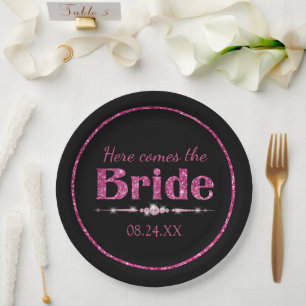 Hot Pink Glitter Bride and Diamonds on Black Paper Plate