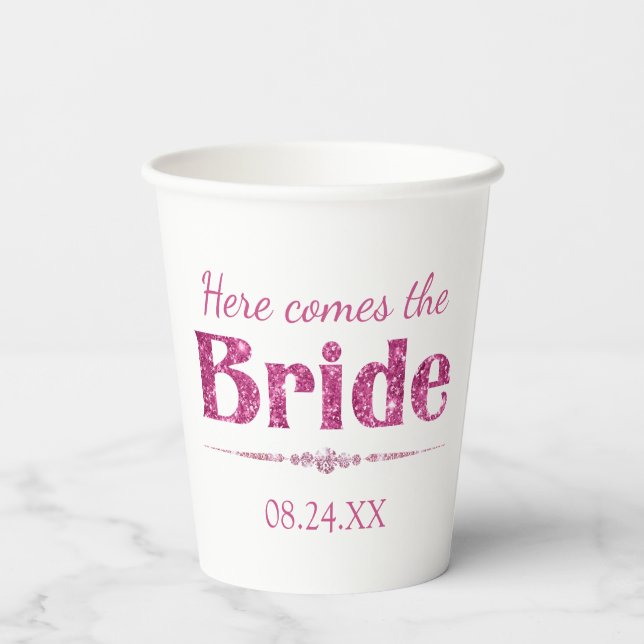 Hot Pink Glitter Bride and Diamonds Paper Cups (Back)