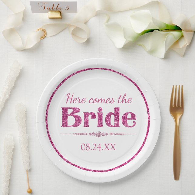Hot Pink Glitter Bride and Diamonds Paper Plate (Wedding)