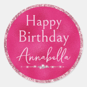 Hot Pink Glitter & Diamonds Happy Birthday Classic Round Sticker