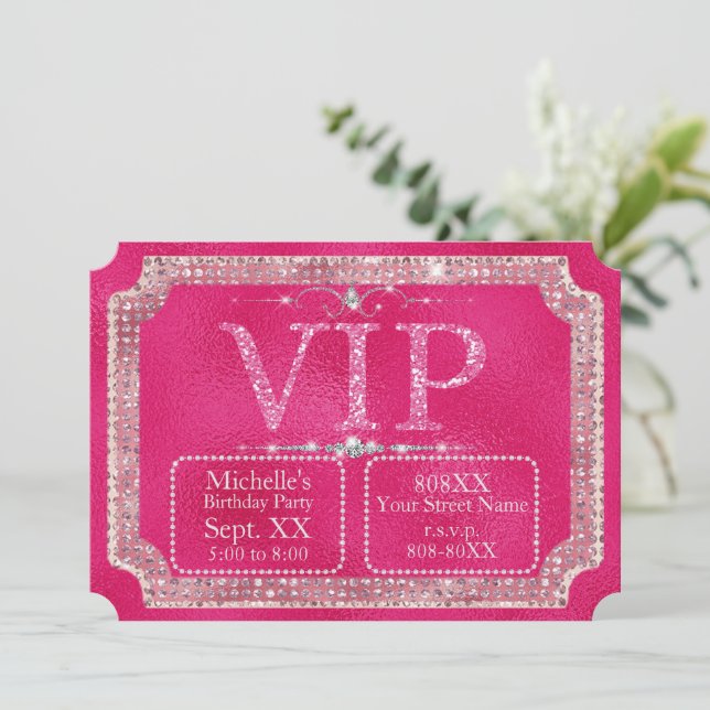 Hot Pink Glitter & Diamonds VIP Ticket Invitation (Standing Front)
