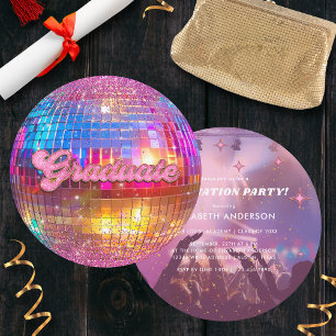 Hot Pink Glitter Disco Ball Party Graduation Invitation