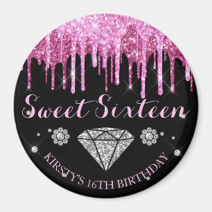 Hot Pink Glitter Drip Diamond Sweet Sixteen Magnet
