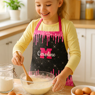 Hot Pink Glitter Drip on Black Sparkle Kids Name Apron