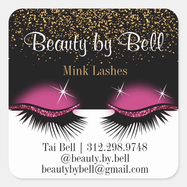 Hot Pink Glitter Eyelashes Square Sticker (Front)