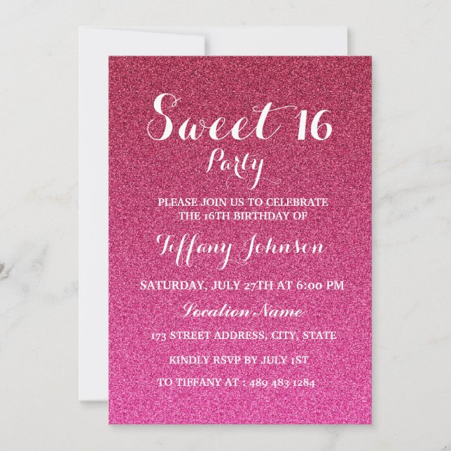 Hot Pink Glitter Faux Ombre Sweet 16 Invitation (Front)