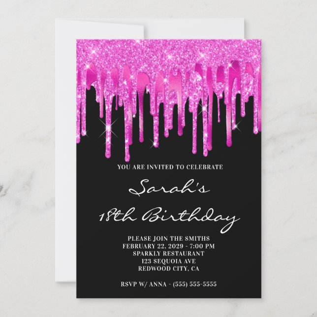 Hot Pink Glitter Foil Drips Black 18th Birthday Invitation (Front)