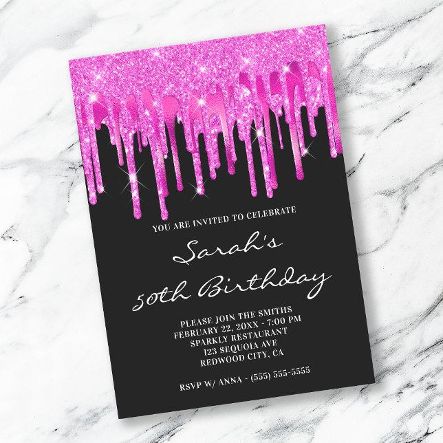 Hot Pink Glitter Foil Drips Black 50th Birthday Invitation (Creator Uploaded)
