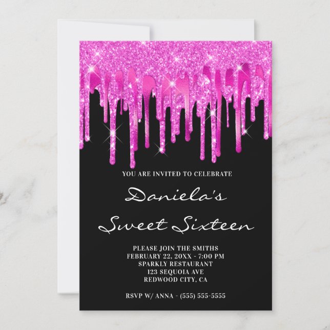 Hot Pink Glitter Foil Drips Black Sweet Sixteen Invitation (Front)