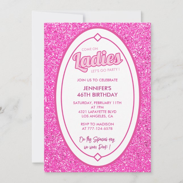 Hot Pink Glitter Girl Doll 46th birthday Invitation (Front)