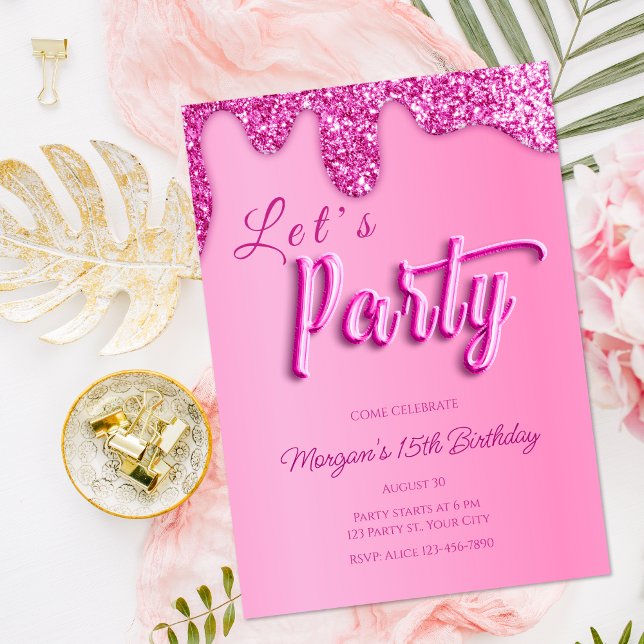Hot Pink Glitter Girly Birthday Party Invitation (Creator Uploaded)
