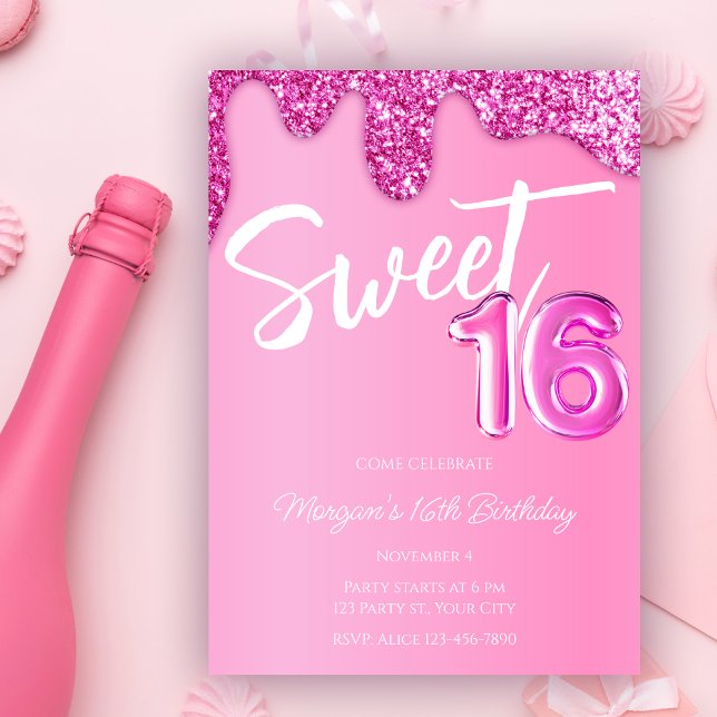 Hot Pink Glitter Girly Sweet 16 Birthday Party Invitation (Creator Uploaded)
