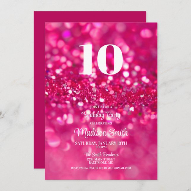 Hot Pink Glitter Glam 10th Birthday Invitation (Front/Back)