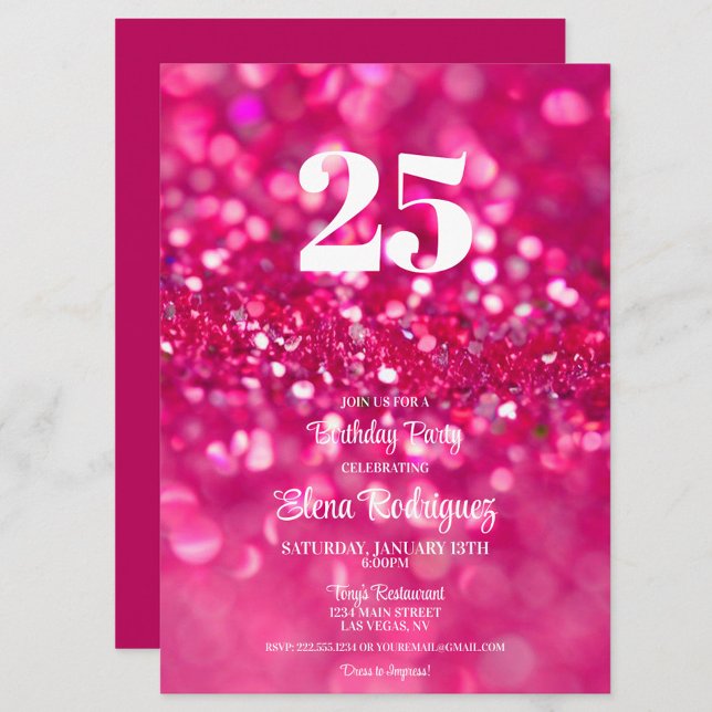 Hot Pink Glitter Glam 25st Birthday Invitation (Hot Pink Glitter 25th Birthday Invitation for Her)