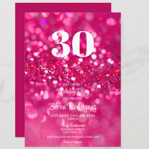 Hot Pink Glitter Glam 30th Birthday Invitation