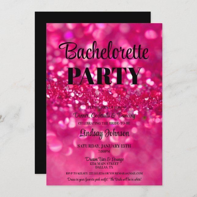 Hot Pink Glitter Glam Bachelorette Party Invitation (Front/Back)