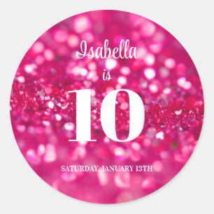 Hot Pink Glitter Glam Personalised 10th Birthday Classic Round Sticker