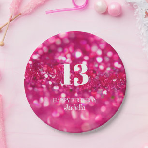 Hot Pink Glitter Glam Personalised 13th Birthday Paper Plate