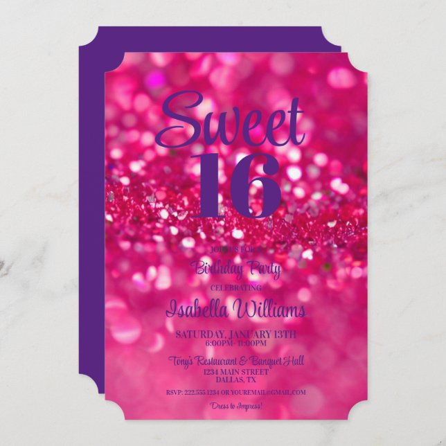 Hot Pink Glitter Glam Sweet 16 Birthday Invitation (Front/Back)