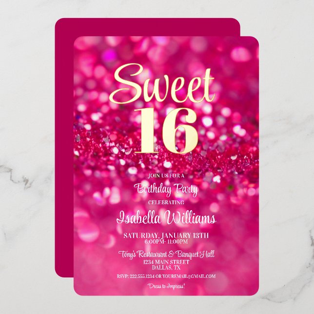 Hot Pink Glitter Glam Sweet 16 Birthday Invitation (Front/Back)