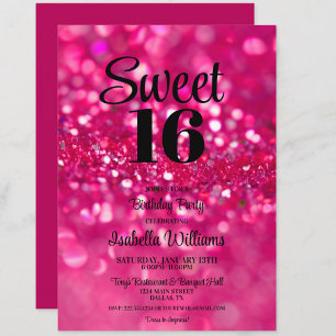 Hot Pink Glitter Glam Sweet 16 Birthday Invitation