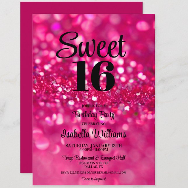 Hot Pink Glitter Glam Sweet 16 Birthday Invitation (Hot Pink Glitter Sweet 16 Birthday Party Invitation, Sweet Sixteen, 16th birthday)