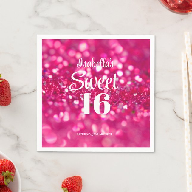 Hot Pink Glitter Glam Sweet 16 Birthday Napkin (Hot Pink Sparkle Sweet 16 Personalized Party Cocktail Napkins)