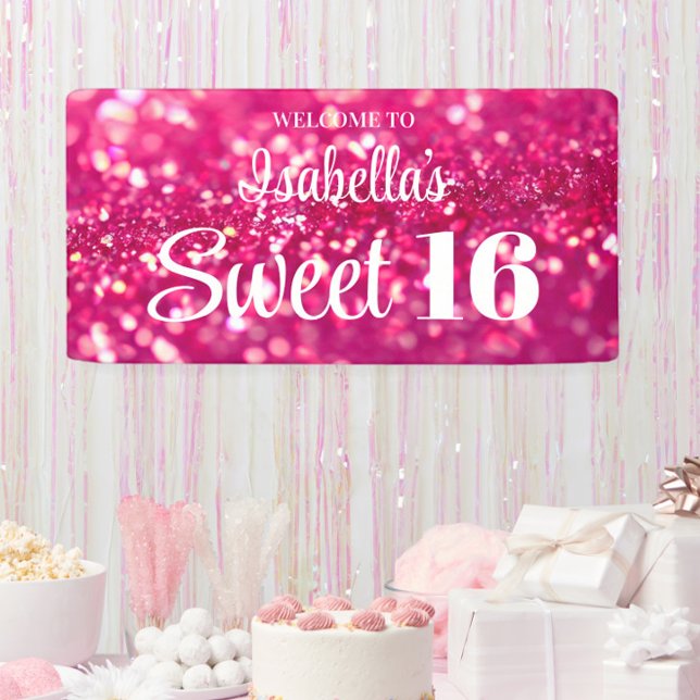Hot Pink Glitter Glam Sweet 16 Birthday Welcome Banner (Hot Pink Glitter Personalized Sweet 16 Birthday Party Sign Banner, with Name, Girly, Feminine)
