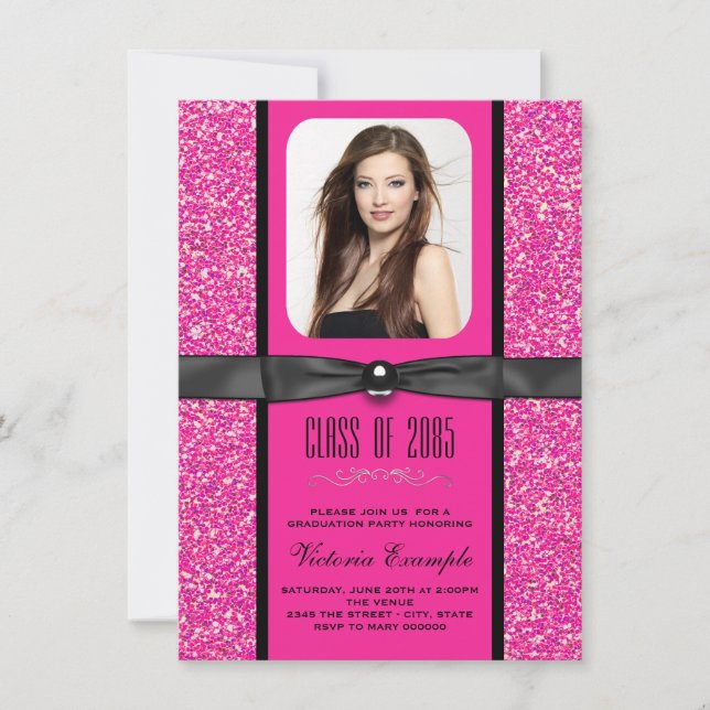 Hot Pink Glitter Graduation Announcements (Front)