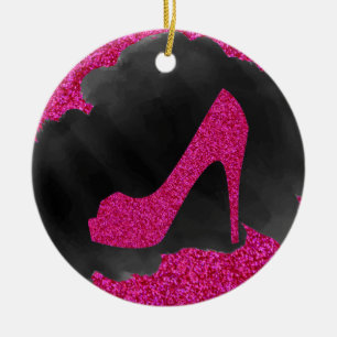 Hot Pink Glitter High Heels Black Ink Ceramic Tree Decoration