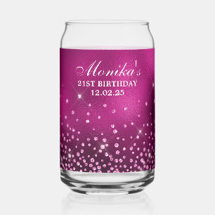 Hot Pink Glitter Hot Pink Foil 21st Birthday Can Glass