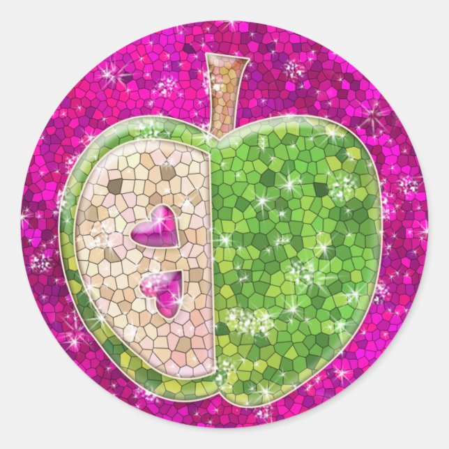 Hot Pink Glitter Jewel Mint Green Teacher's Apple Classic Round Sticker (Front)