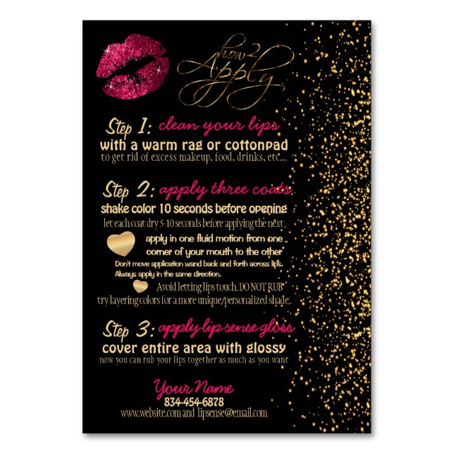 Hot Pink Glitter Lip Colour Instructions Table Number (Front)