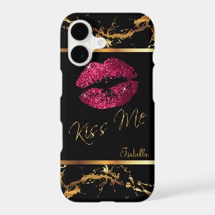 Hot Pink Glitter Lips and Gold Marble Pattern