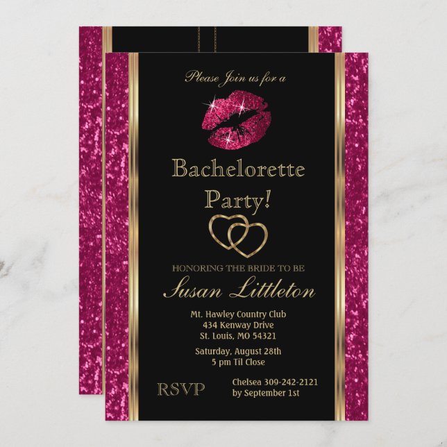 Hot Pink Glitter Lips Bachelorette Party Invitation (Front/Back)