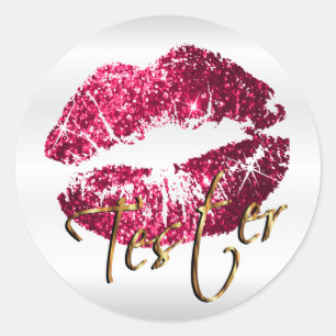 Hot Pink Glitter Lips on Satin White - Tester Classic Round Sticker