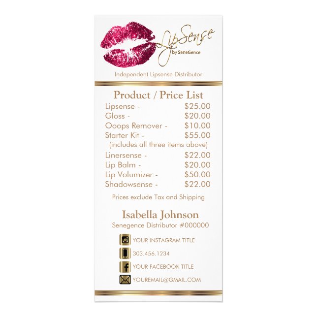 Hot Pink Glitter Lips - White -  Price List Rack Card (Front)
