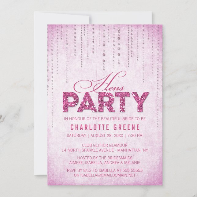 Hot Pink Glitter Look Hens Party Invitation (Front)