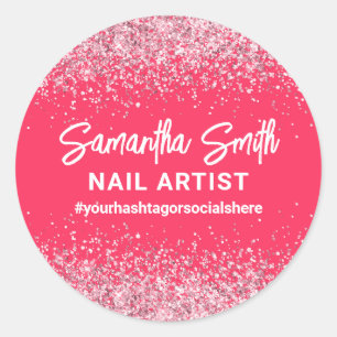 Hot Pink Glitter Nail Artist Beauty Salon Hashtag Classic Round Sticker