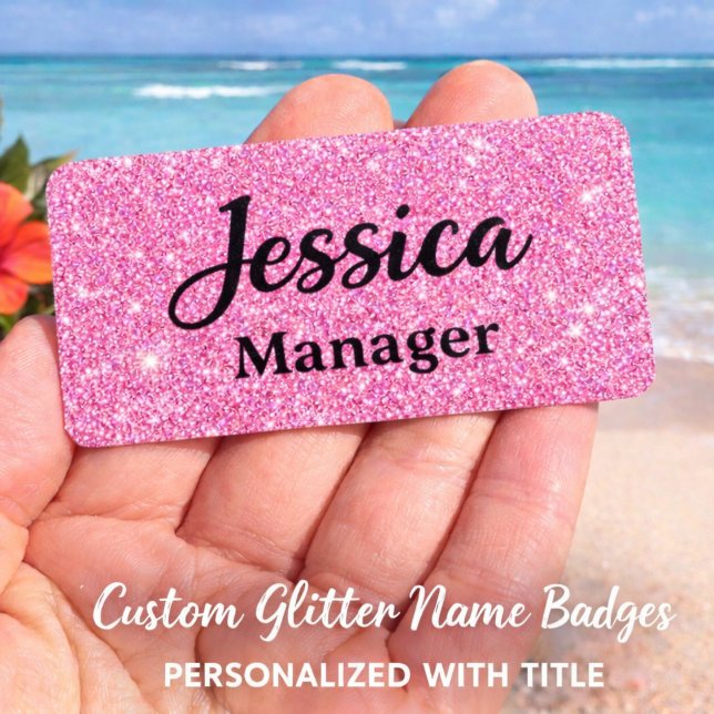 Hot Pink Glitter Name Tag for Lash & Nail Tech (Personalized Pink Glitter Name Tag Pin)