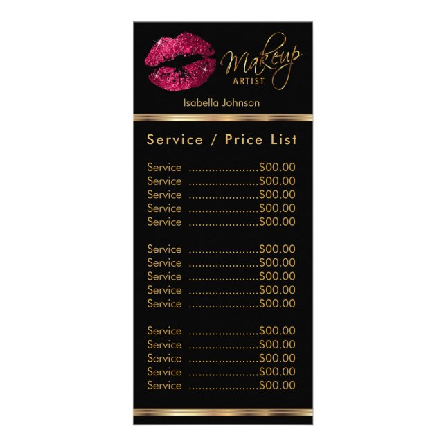 Hot Pink Glitter on Black Lip Service / Price List Rack Card (Front)